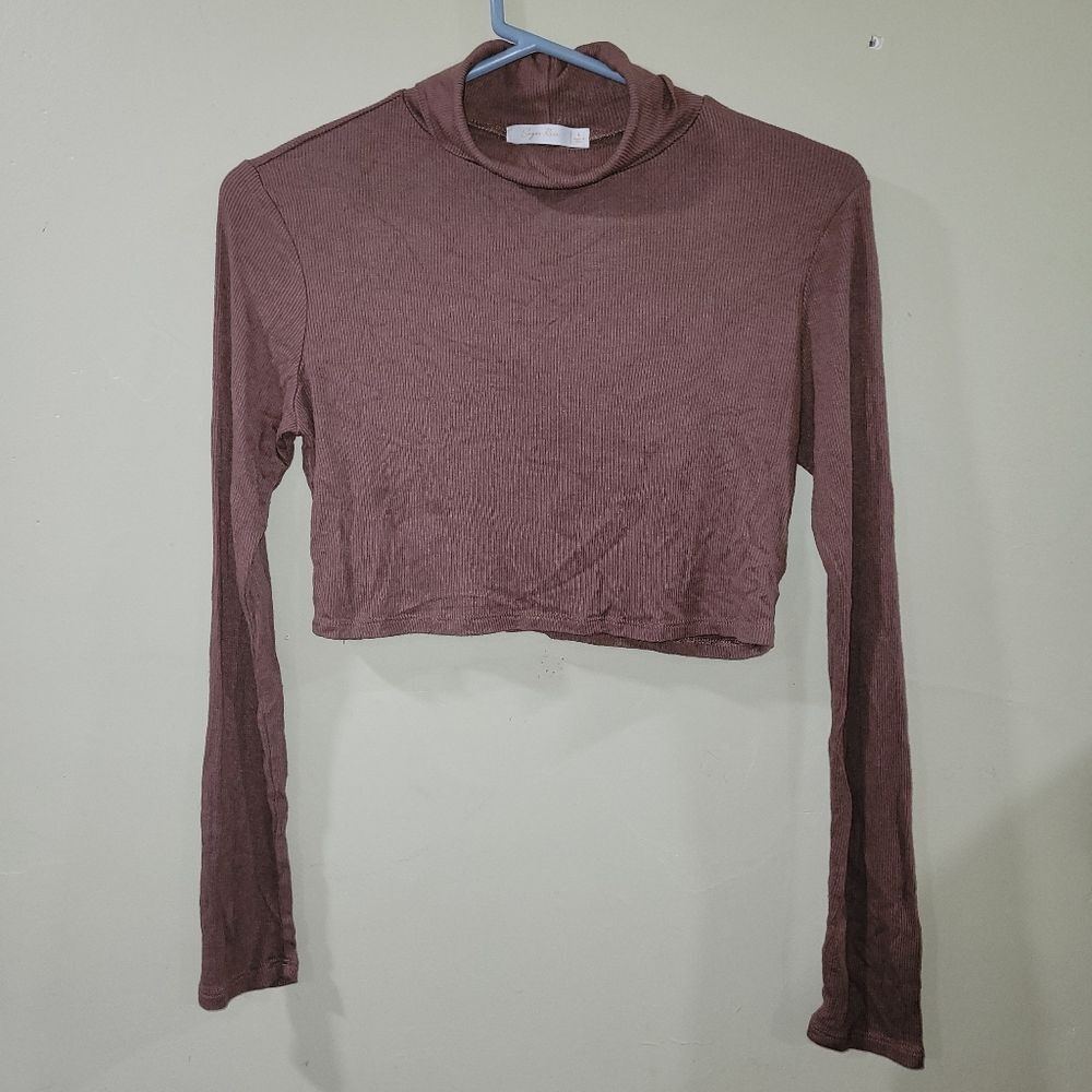 Sugar Rain Size Large Brown Ribbed Mock Neck Long Sleeve Crop Top